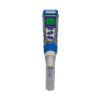 The Pocket pH - EC Tester - Waterproof is a handheld digital meter with a blue and white body, LCD screen, control buttons, and a probe protected by a cap.
