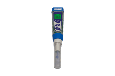 The Pocket pH - EC Tester - Waterproof is a handheld digital meter with a blue and white body, LCD screen, control buttons, and a probe protected by a cap.