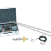 A metal carrying case with foam inserts holds the current meter with synthetic propeller, including two long metal rods, a yellow-fin aerial, and black and red connecting leads displayed on a white surface.