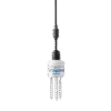 A close-up of a HydraProbe SDI-12 Standard soil sensor with three metal prongs and a black cable attached, labelled “Stevens” on a white background.