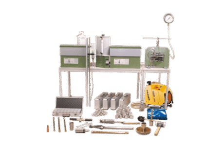 A Complete Set for PF Determination - Sandbox and Pressure Method (PF 0-4.2), featuring laboratory equipment such as metal boxes, digital gauge, rods, containers, compressor, laptop case, and tools on a white background.