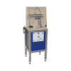 The Compression Test Apparatus Set is a compact industrial machine featuring a blue control panel, buttons, and a lever, with a transparent protective enclosure over its working area and four adjustable legs for stability.