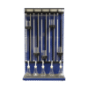 The Calcimeter is a laboratory apparatus featuring five vertical glass rods with clamps for burettes positioned above five conical flasks, designed for chemical experiments and precise liquid dispensing.