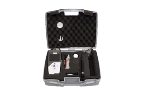 The Oxygen Meter with Accessories comes in a hard plastic carrying case with foam padding, containing the handheld device, cables, a round sensor, and small packaged items—all neatly organised for convenience.