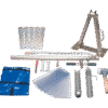 The Split Tube Sampler Set For Surface Sampling - Conical Screw includes metal tools, plastic tubes, sheets, blue carrying bag, spanners, small hammer, and more equipment arranged on a white background.