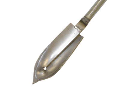 The Edelman Auger for Sand is a metal garden bulb planter with a pointed tip and cylindrical handle, inspired by Dutch augers, designed for digging precise holes in soil.