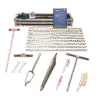 The Peat Sampler Set is shown on a white background, featuring metal rods, T-handles, spanners, brushes, a core sampler, carrying case, manual, and small container arranged neatly.