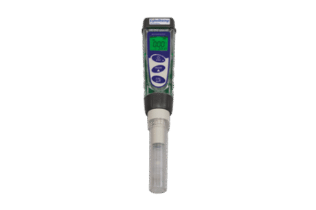 The Pocket EC Tester - Waterproof is a handheld digital water tester with a numeric display, three blue buttons, and a cylindrical bottom sensor for measuring water quality parameters.