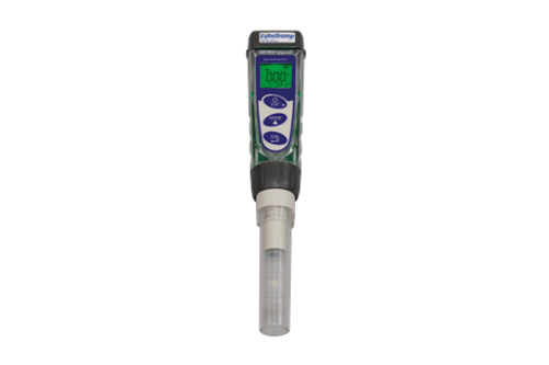 The Pocket EC Tester - Waterproof is a handheld digital water tester with a numeric display, three blue buttons, and a cylindrical bottom sensor for measuring water quality parameters.