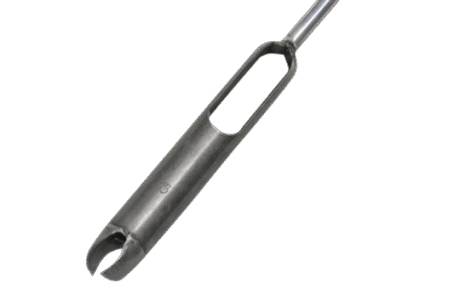 The Riverside Auger is a metal tool with a cylindrical handle and a hollow, open-ended tip featuring a U-shaped notch, designed for scooping or extracting cylindrical cores.