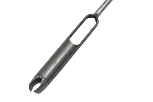 The Riverside Auger is a metal tool with a cylindrical handle and a hollow, open-ended tip featuring a U-shaped notch, designed for scooping or extracting cylindrical cores.