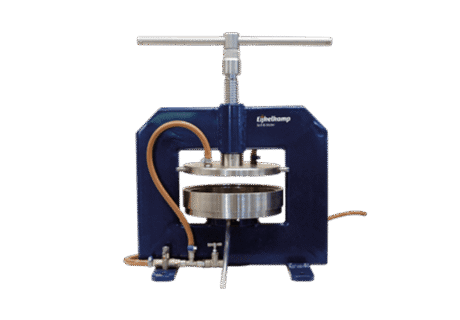 The Membrane Apparatus for PF Determination (PF 3.0-4.2) features a blue hydraulic press with a T-shaped handle, circular metal plates, and an attached brown hose, designed for pressing materials.