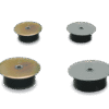 Four Liquid Tight Floor Covers are arranged on a plain white background. Each cover features a flat, circular metal top and a black cylindrical rubber base.