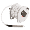 The Water Level Meter Pocket Size - 10m is a white round measuring tape reel with a metallic cylindrical probe at the end, designed for industrial or scientific water level measurements.