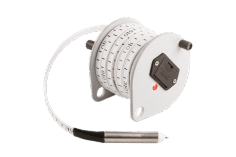 The Water Level Meter Pocket Size - 10m is a white round measuring tape reel with a metallic cylindrical probe at the end, designed for industrial or scientific water level measurements.