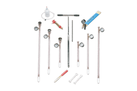 The Tensiometer Set – to a Depth of 90cm, displayed on a white background, includes clear gauges with tubing, a blue utility knife, cleaning brush, small spanners, valves, and a bottle with attached tube.