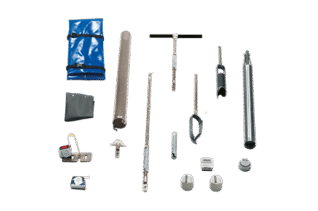 The Hydraulic Conductivity Test Kit includes metal probes, augers, sample containers, handles, and a blue carrying case, all arranged neatly on a white background.