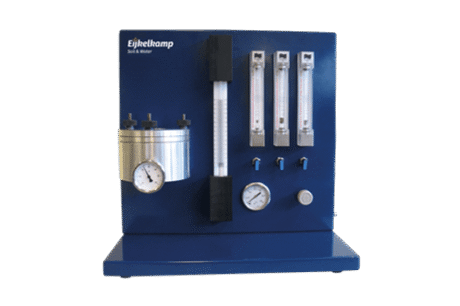 The Air Permeameter for Soil is a blue Eijkelkamp device featuring multiple vertical tubes, pressure gauges, and control knobs on its front panel, designed for measuring soil properties in laboratory environments.