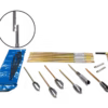 The Compact Hand auger set - bayonet connection features a blue carrying case, several metal rods, auger attachments, a T-handle, and connectors displayed on a white background with an inset close-up of a rod connector.