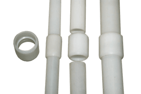Four HDPE Pipes with Clamping Socket Connections of varying diameters are arranged vertically, each with a matching coupling. An extra clamping socket is placed separately to the left on a white background.