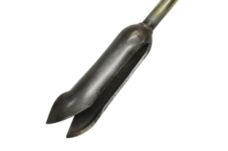 Close-up of the Stony Soil Auger, a vintage metal tool with a curved, pointed, hollow tip and cylindrical handle, displayed against a plain white background.