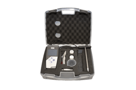 The EC Meter Set for Soil is a portable testing kit in an open black case, featuring a digital meter, vials, pipette, containers, and accessories neatly organised in foam compartments.