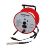 The Interface Meter - 30m is a red and grey measuring device with a reel, cables, and probe labelled Eijkelkamp Soil & Water, designed for soil and water analysis.