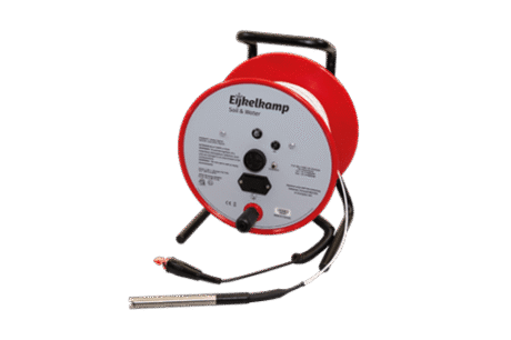 The Interface Meter - 30m is a red and grey measuring device with a reel, cables, and probe labelled Eijkelkamp Soil & Water, designed for soil and water analysis.
