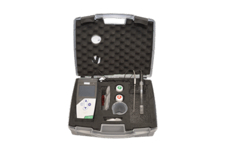 The pH Meter Set for Soil and Water is a portable scientific testing kit in an open black case with foam padding, containing a digital meter, probes, bottles with coloured caps, a cup, and other accessories neatly organised in compartments.