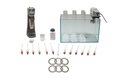 The Hydrometer Kit, Standard Set includes a mixer, transparent tank with tubes, pipettes, metal rings, a bottle, and small containers, all arranged neatly on a white background.