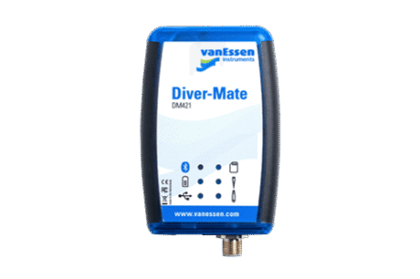 A blue and black Diver-Mate Reading Unit with indicator lights, buttons, and a connector port at the bottom is shown on a plain background.