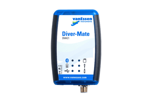 A blue and black Diver-Mate Reading Unit with indicator lights, buttons, and a connector port at the bottom is shown on a plain background.