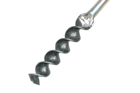 A close-up view of the Spiral Auger, featuring a spiral design and pointed tip, used for drilling holes in wood.
