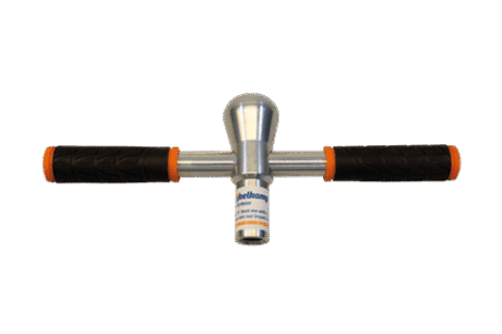 The auger Handle with Beathead is a metal T-shaped tool with a rounded central head and black rubber handles with orange ends, shown on a plain white background.