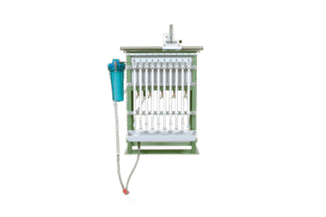 The Soil Water Permeameters feature multiple vertical glass tubes, a green frame, and an attached blue water filter, designed for chemical or water analysis, shown against a plain white background.