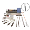 Standard Hand Auger Set - Bayonet Connection is displayed on a white surface, featuring metal rods, tools, gears, a manual, and various mechanical parts—ideal for engineering or robotics projects.