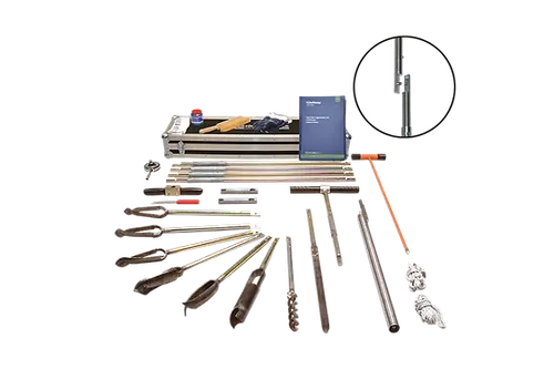 Standard Hand Auger Set - Bayonet Connection is displayed on a white surface, featuring metal rods, tools, gears, a manual, and various mechanical parts—ideal for engineering or robotics projects.
