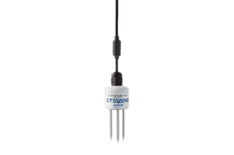 The HydraProbe SDI-12 Pro is a soil moisture sensor featuring three metal prongs, a black top cable, and a white body displaying the STEVENS brand name.