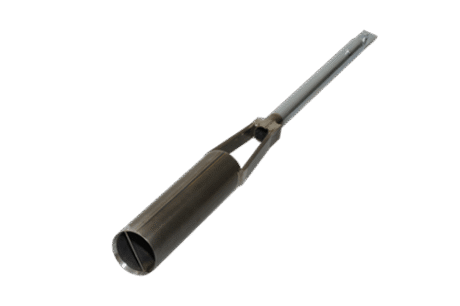 The HydraProbe Installation Auger, featuring a cylindrical cutting end and long handle for extracting soil samples, is shown against a plain white background.