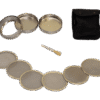 The Mini Hand Sieves Set - Pocket Size includes metal sieves with different mesh sizes, two round containers, a small cleaning brush, and a black carrying pouch displayed on a white background.