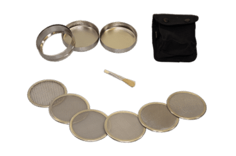The Mini Hand Sieves Set - Pocket Size includes metal sieves with different mesh sizes, two round containers, a small cleaning brush, and a black carrying pouch displayed on a white background.