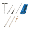 The Auger Set for HydraProbe Installation is displayed on a white background, showing metal rods, a T-shaped handle, a blue carrying case, and multiple cylindrical components.