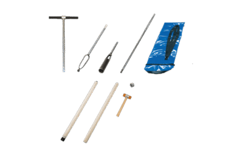 The Auger Set for HydraProbe Installation is displayed on a white background, showing metal rods, a T-shaped handle, a blue carrying case, and multiple cylindrical components.