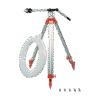 The Hand Operated Foot Valve Pump Set features a tripod with red accents, a coiled white hose on one leg, a horizontal bar with handle, and five small metal attachments arranged on the ground.