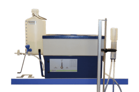 The Sandbox for PF Determination (pF 0.0–2.0) features a white plastic water container on the left, a central blue and white heating unit, transparent tubing, and a vertical metal stand on the right.