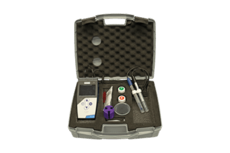 The pH - EC Meter for Water is a portable testing kit in a grey carrying case with custom foam slots, featuring a digital meter, two probes, bottles with coloured caps, a purple device, and accessories.