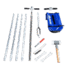 The Two-Piece Gouge Auger Set - Hard Soils, featuring a conical screw thread, includes metal poles, a handle, blue carrying bag, mallet, spanners, brush, and accessories displayed on a white background.