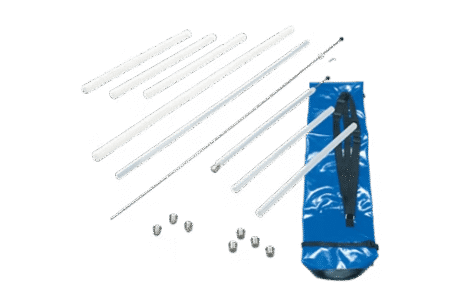 The Liquid Layer Sampler - Rod Operated includes several white rods, a flexible metal wire, four metal attachments, and a blue carrying bag with black strap, all displayed on a white background.