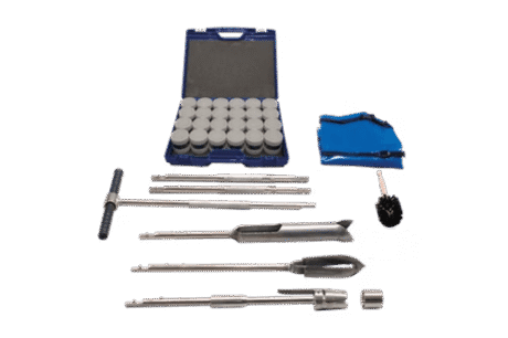The Soil Sampling Ring Kit - Model A53 includes multiple metal rods, a T-handle, attachments, a brush, sample containers, and a blue carrying case—all arranged on a white background.