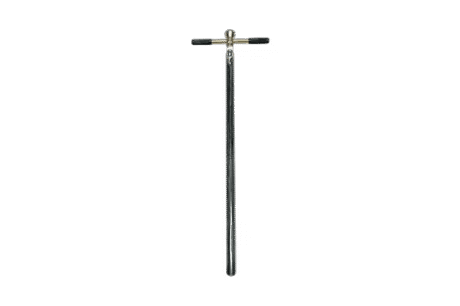 The Single Gouge Auger for Hard Soils is a metal, T-shaped soil probe featuring a long vertical rod and two horizontal handles at the top, shown against a plain white background.